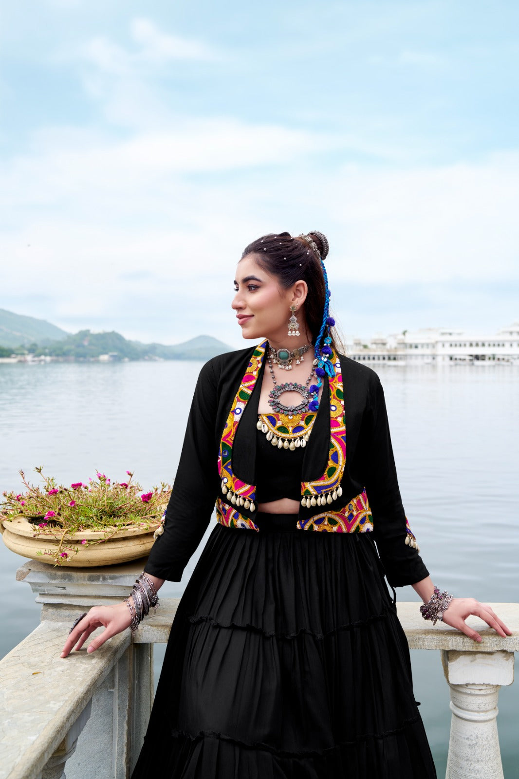 Black Pure Rayon Frill Lehenga Choli with Koti