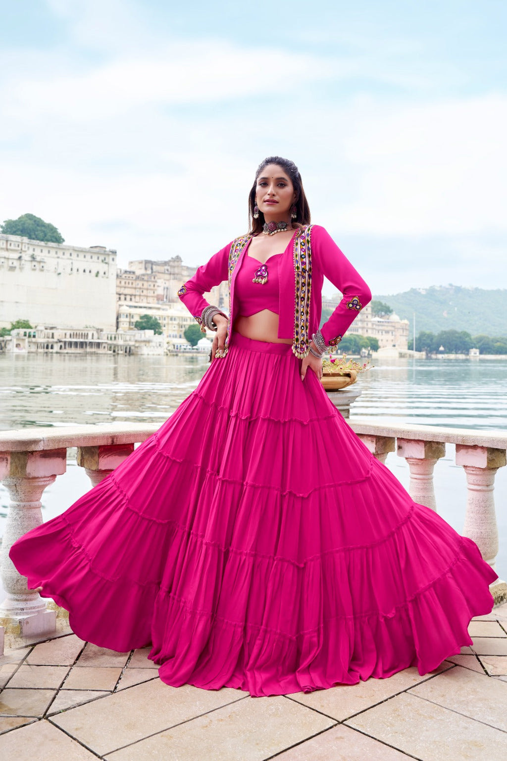 Pink pure rayon lehenga choli with frill design and matching koti jacket