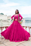 Pink pure rayon lehenga choli with frill design and matching koti jacket