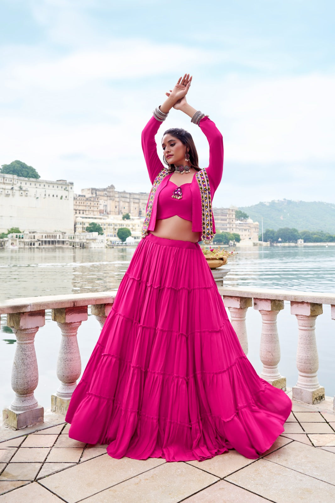 Pink Pure Rayon Frill Lehenga Choli with Matching Koti