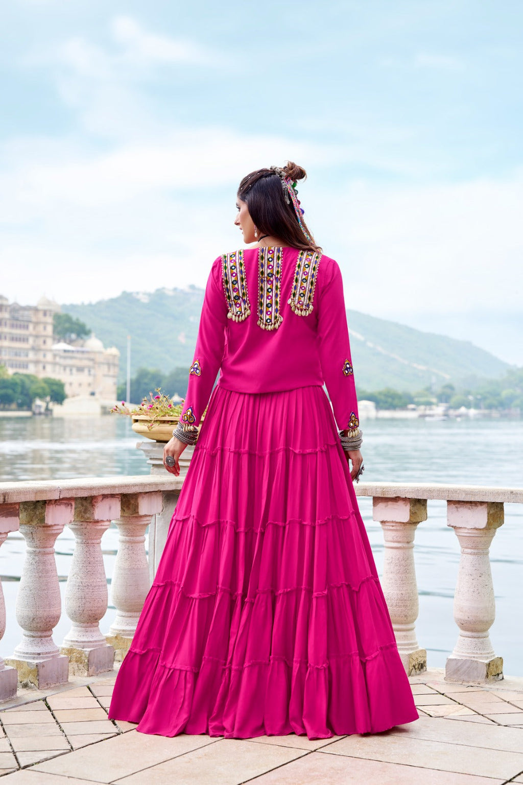Pink Pure Rayon Frill Lehenga Choli with Matching Koti
