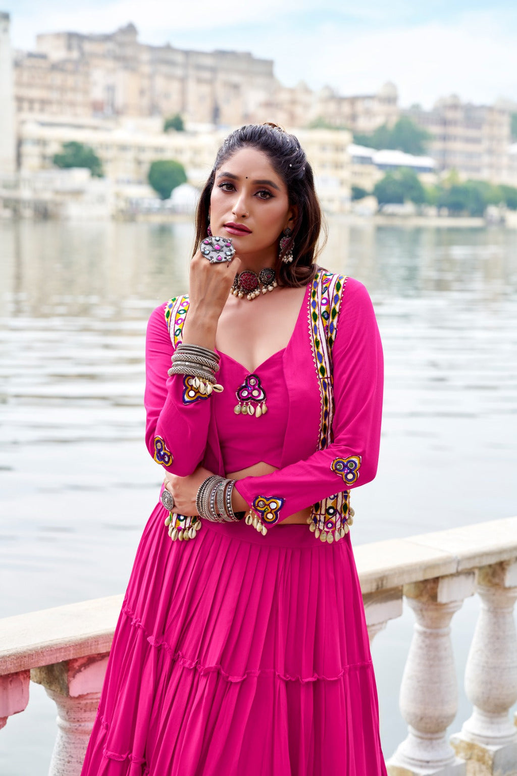 Pink Pure Rayon Frill Lehenga Choli with Matching Koti