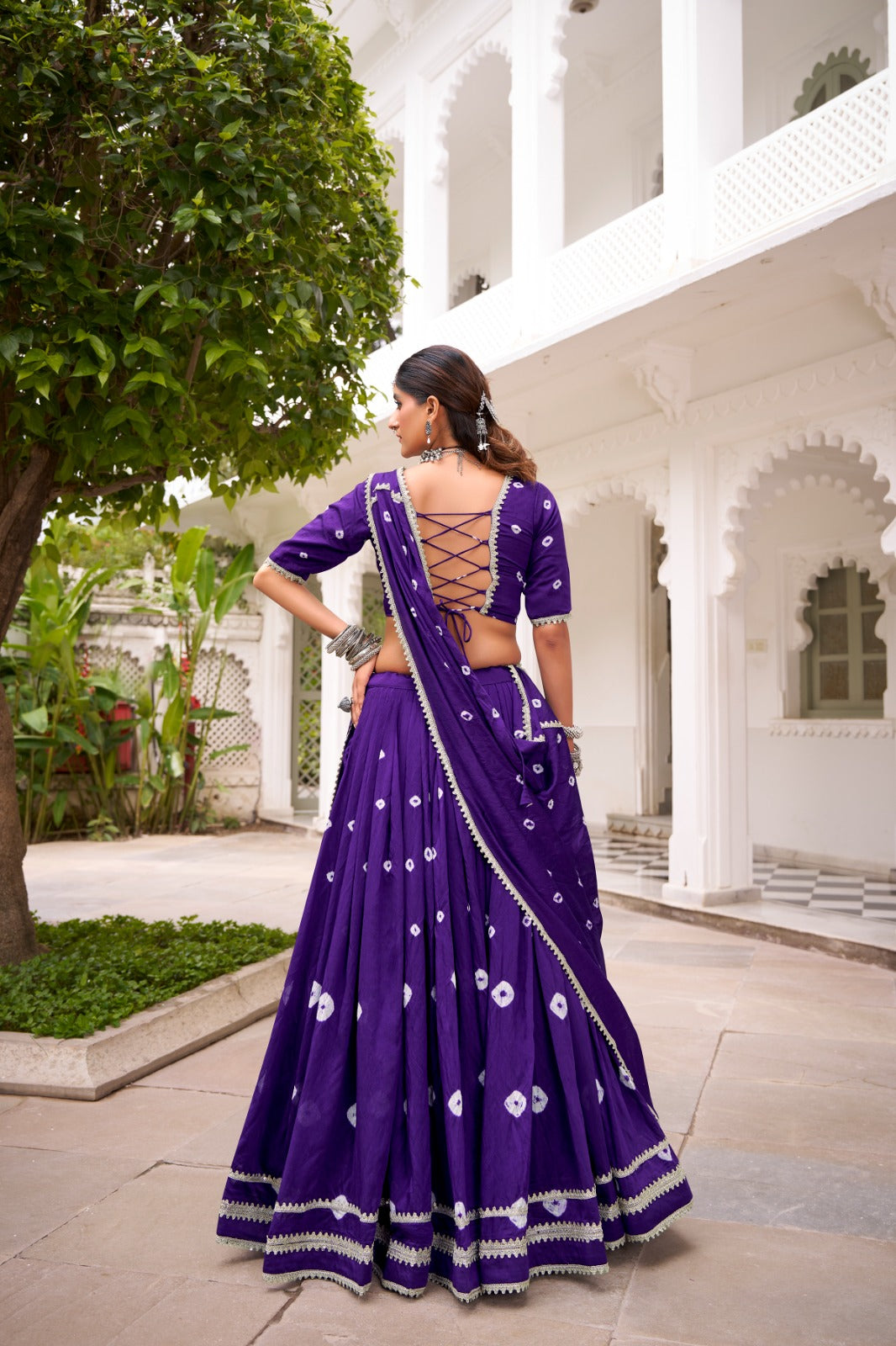 Purple Pure Chanderi Bandhej Lehenga Choli with Lace Details