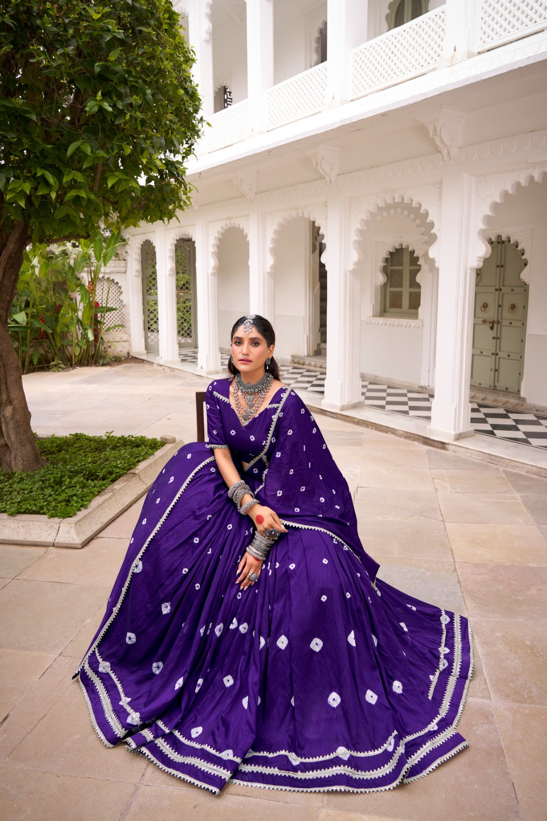Purple Pure Chanderi Bandhej Lehenga Choli with Lace Details