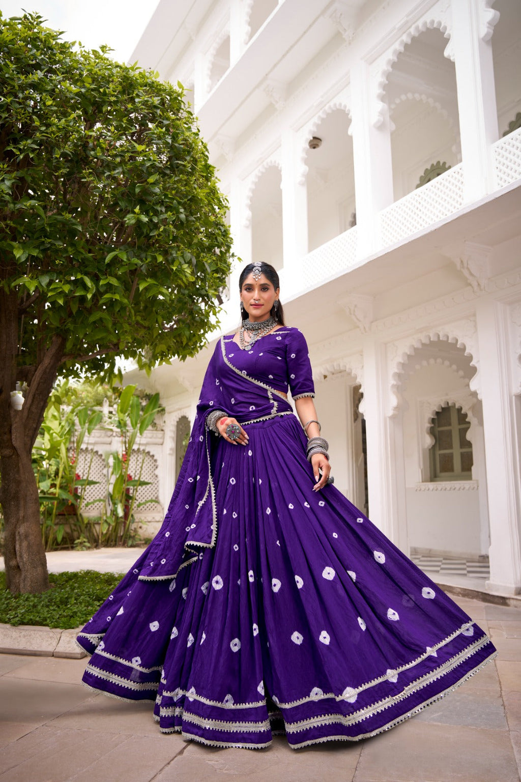 Purple Pure Chanderi Bandhej Lehenga Choli with Lace Details