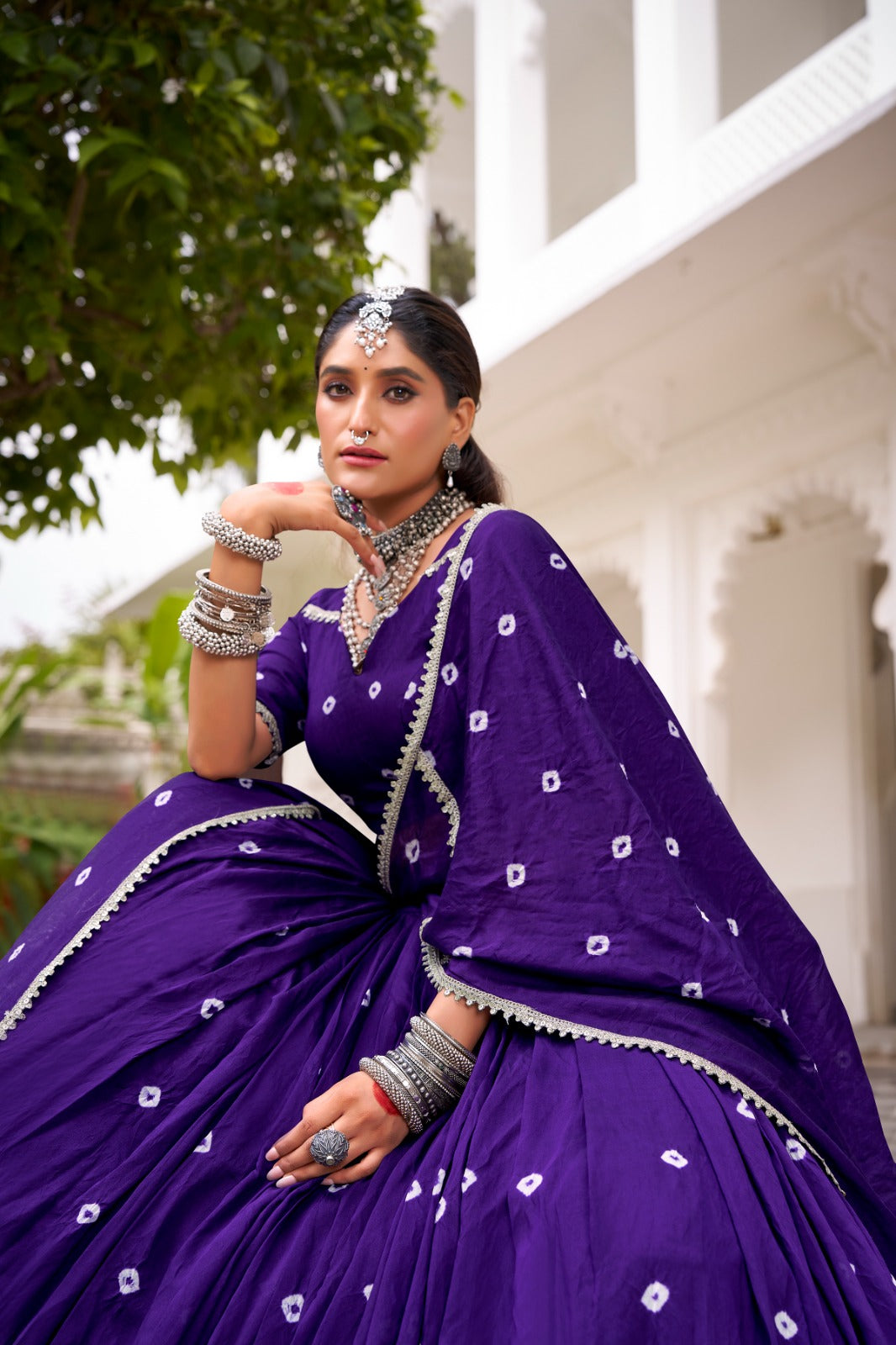 Purple Pure Chanderi Bandhej Lehenga Choli with Lace Details