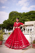 Red pure chanderi lehenga choli with traditional bandhej print and lace accents