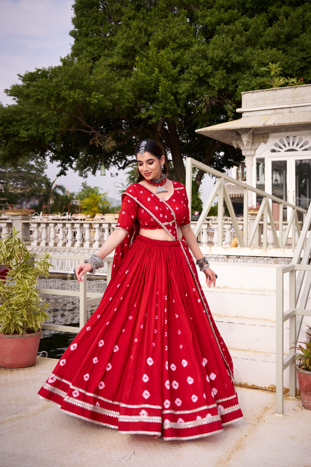 Red Pure Chanderi Bandhej Print Lehenga Choli with Lace Details