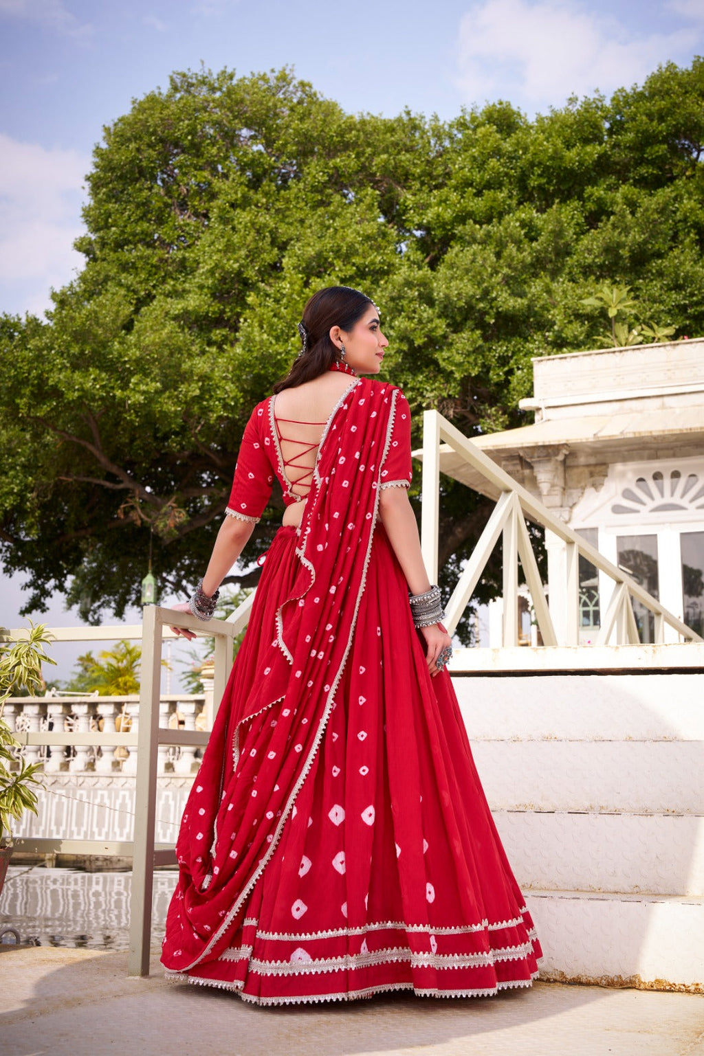 Red Pure Chanderi Bandhej Print Lehenga Choli with Lace Details