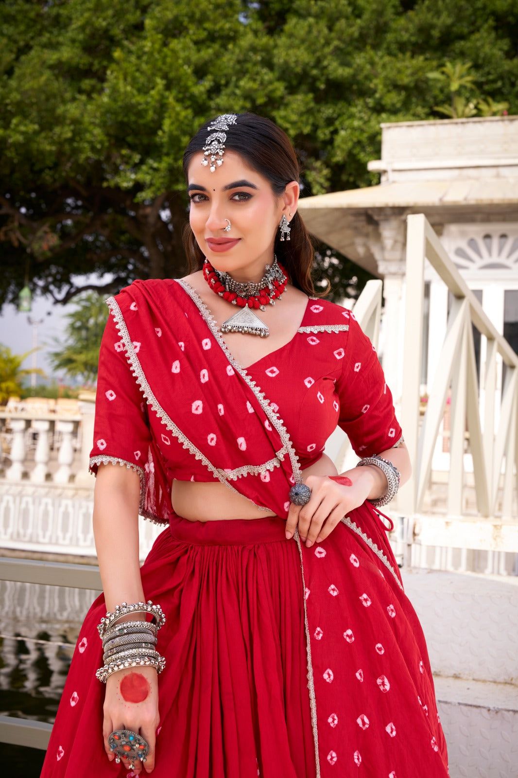 Red Pure Chanderi Bandhej Print Lehenga Choli with Lace Details