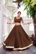 Brown Chanderi lehenga choli with gold zari weaving and lace embellishments