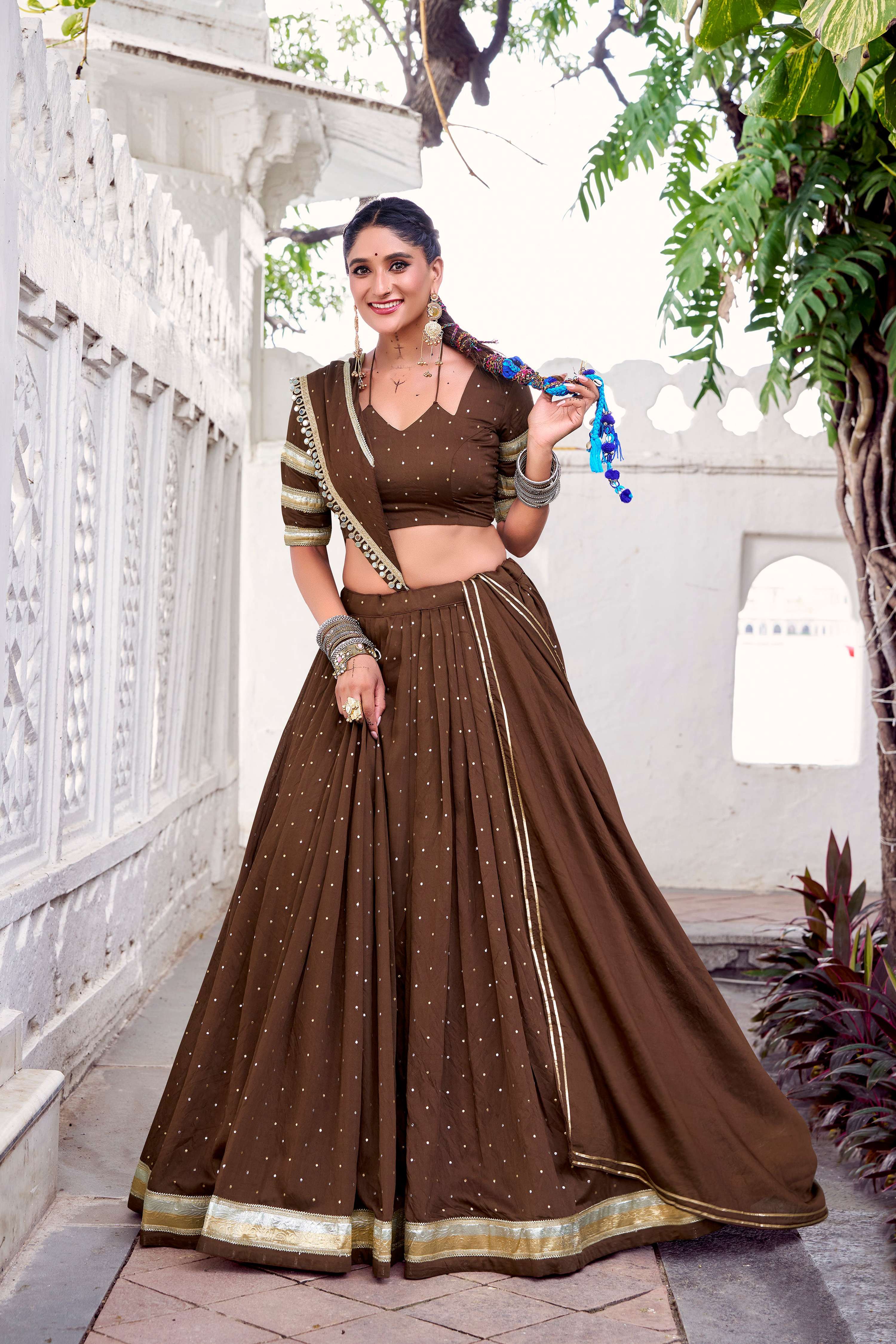 Brown Chanderi Zari Weaving Lehenga Choli with Dupatta