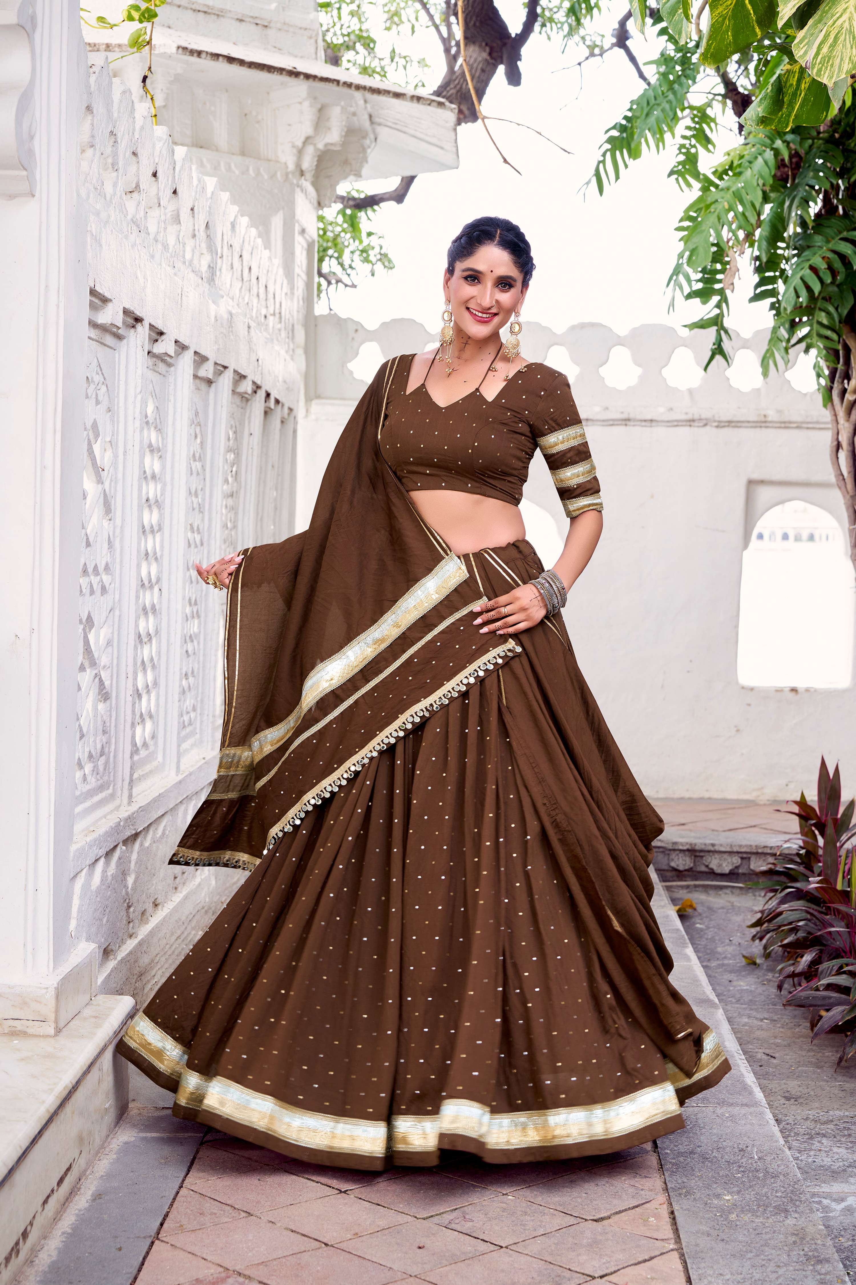 Brown Chanderi Zari Weaving Lehenga Choli with Dupatta