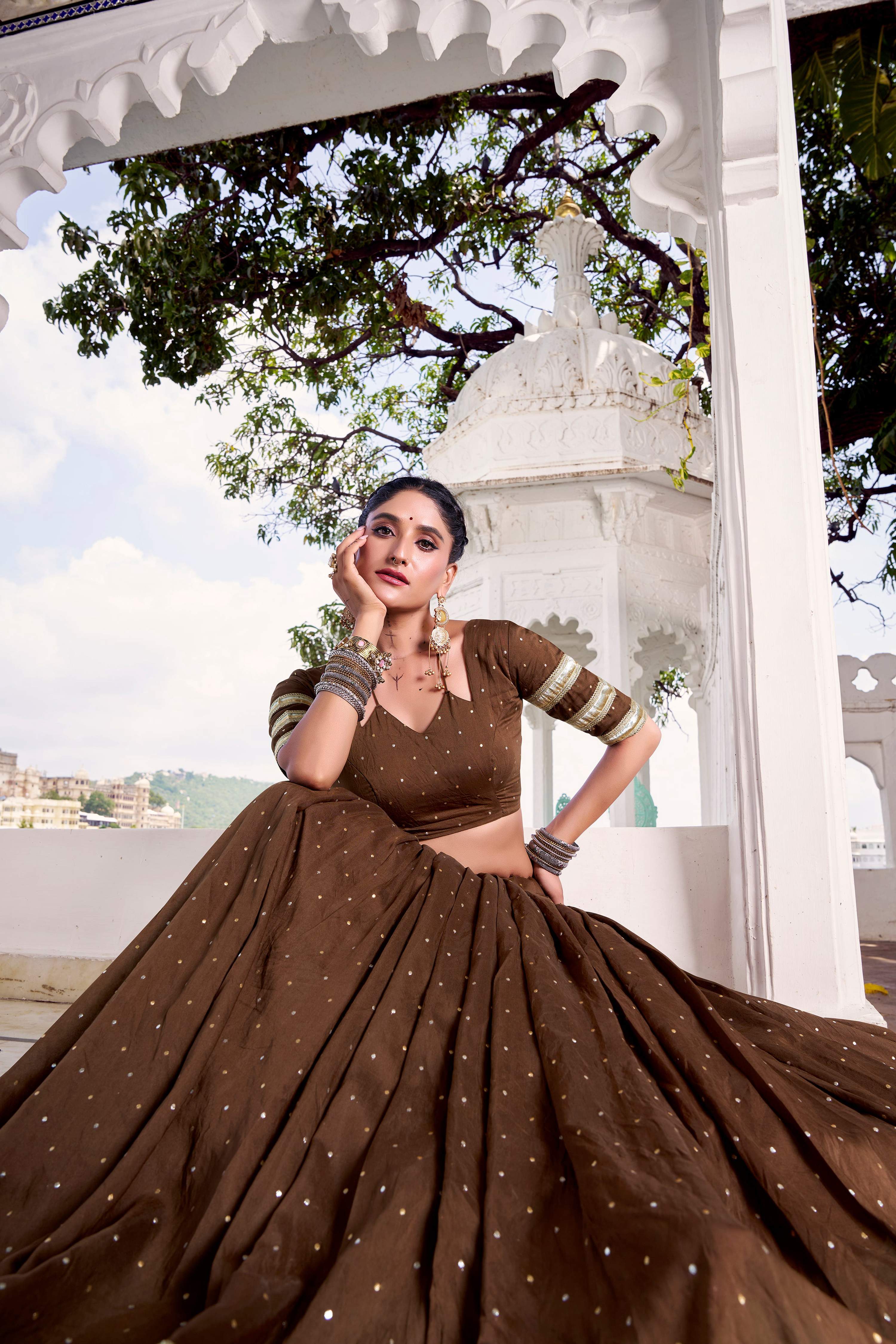 Brown Chanderi Zari Weaving Lehenga Choli with Dupatta
