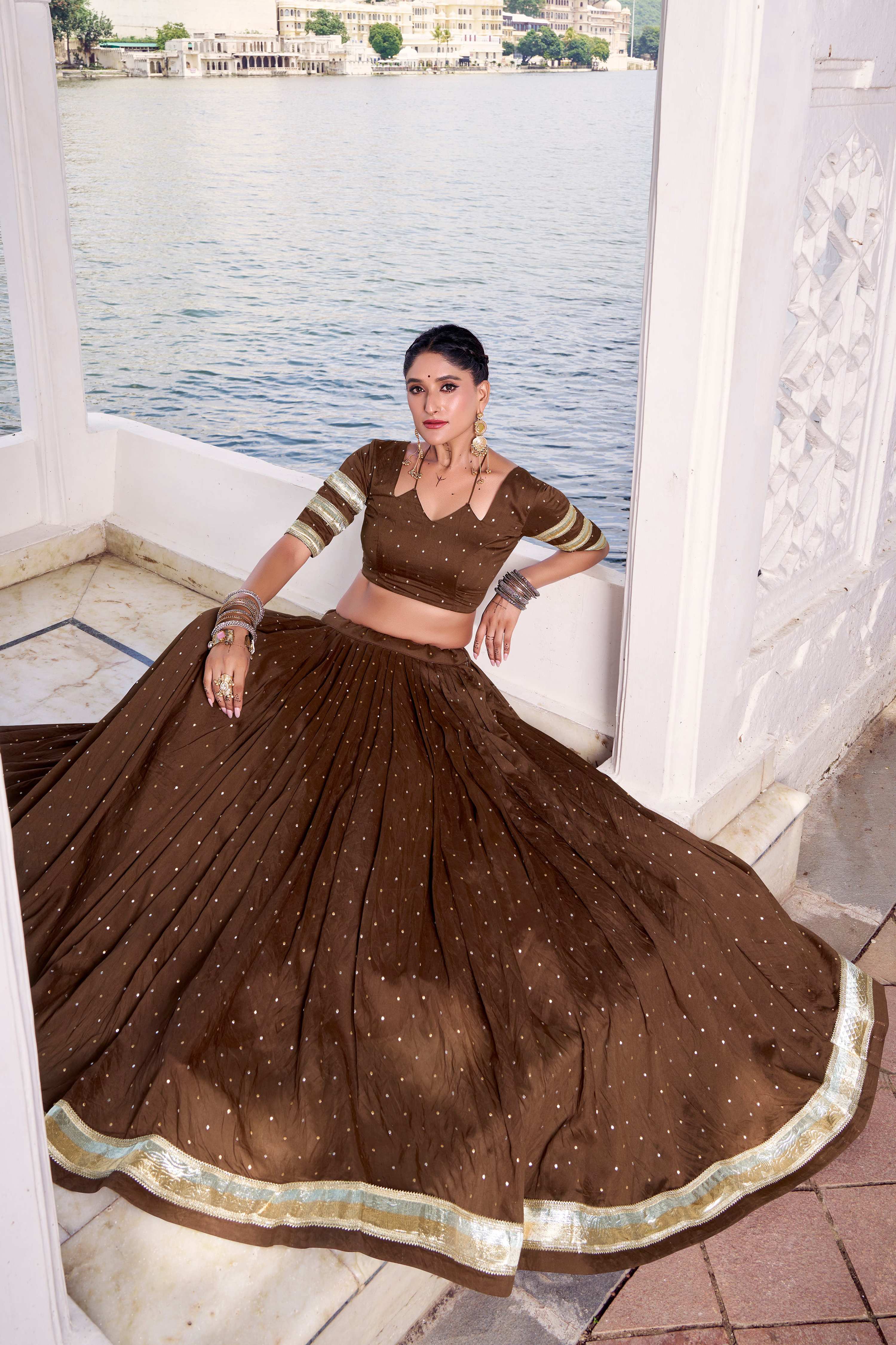 Brown Chanderi Zari Weaving Lehenga Choli with Dupatta