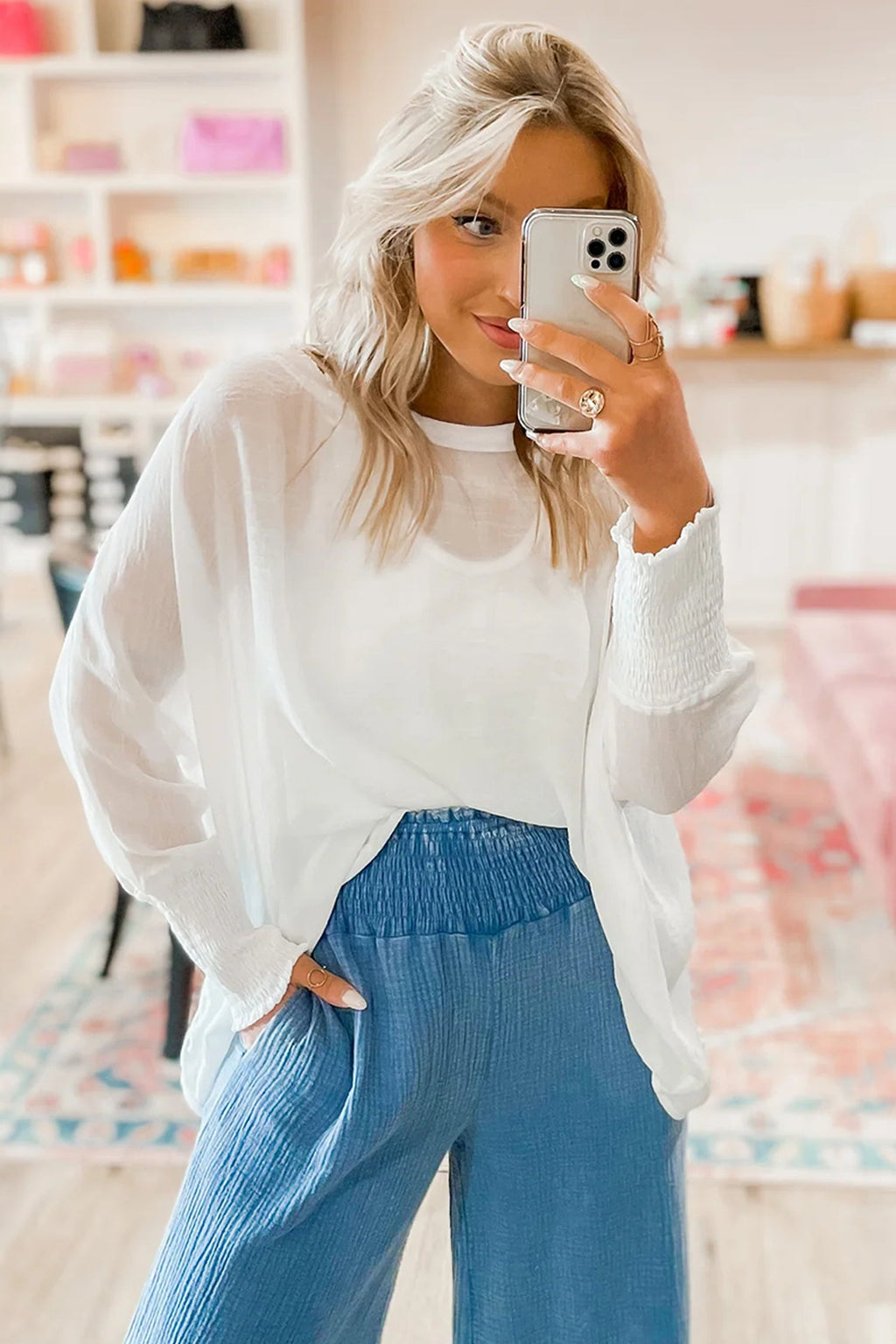 White Semi Sheer Long Sleeve Dolman Blouse with Smocked Cuffs