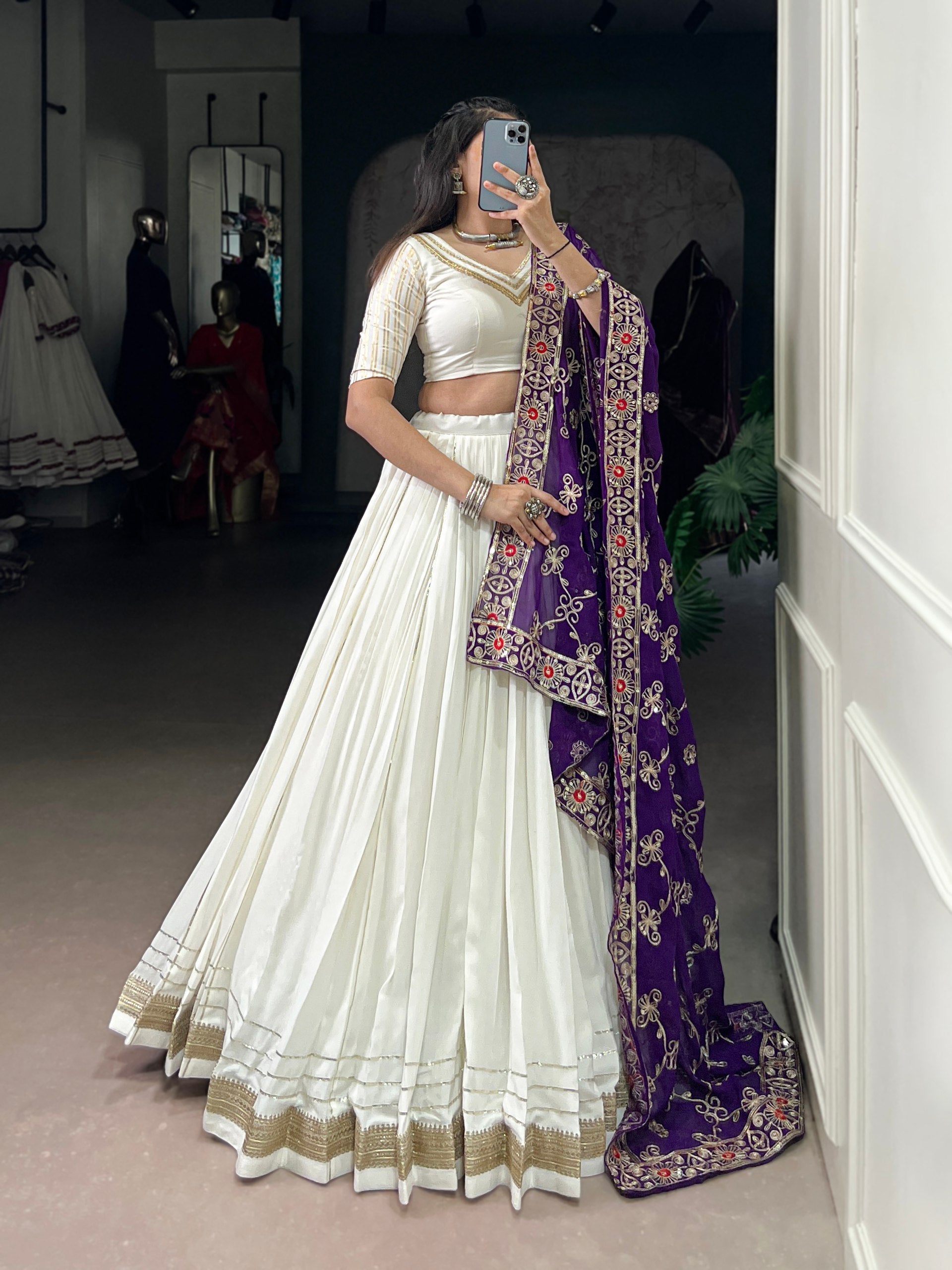 White Pure Rayon Lehenga Choli with Elegant Lace Detail