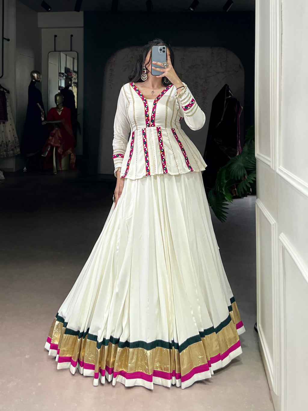 White Rayon Embossed Design Lehenga Choli with Lace Trim