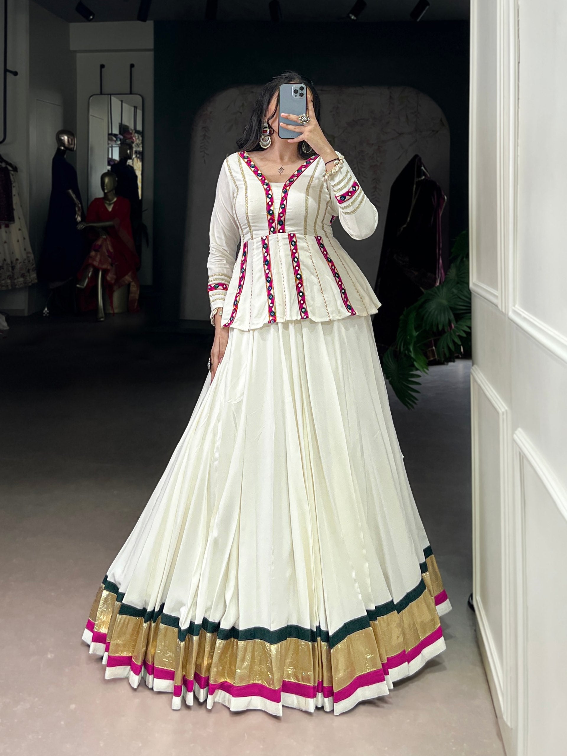 White Rayon Embossed Design Lehenga Choli with Lace Trim