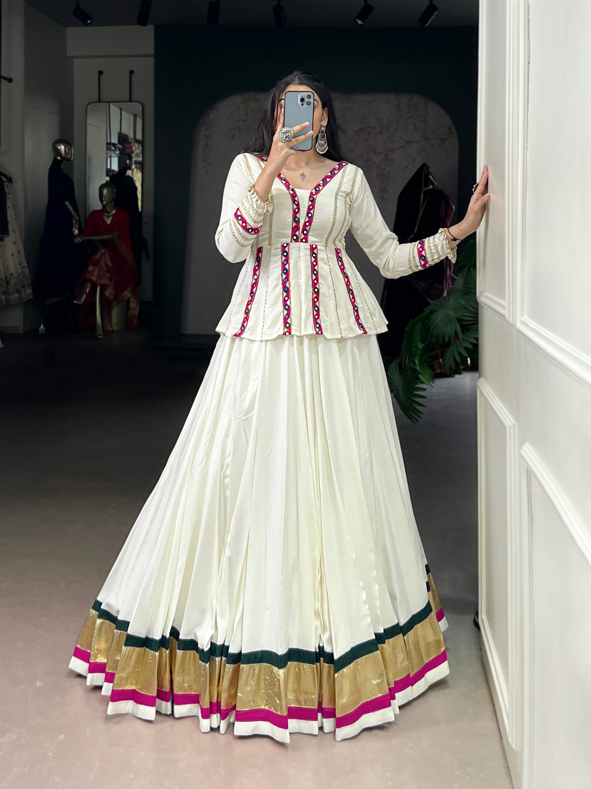 White Rayon Embossed Design Lehenga Choli with Lace Trim