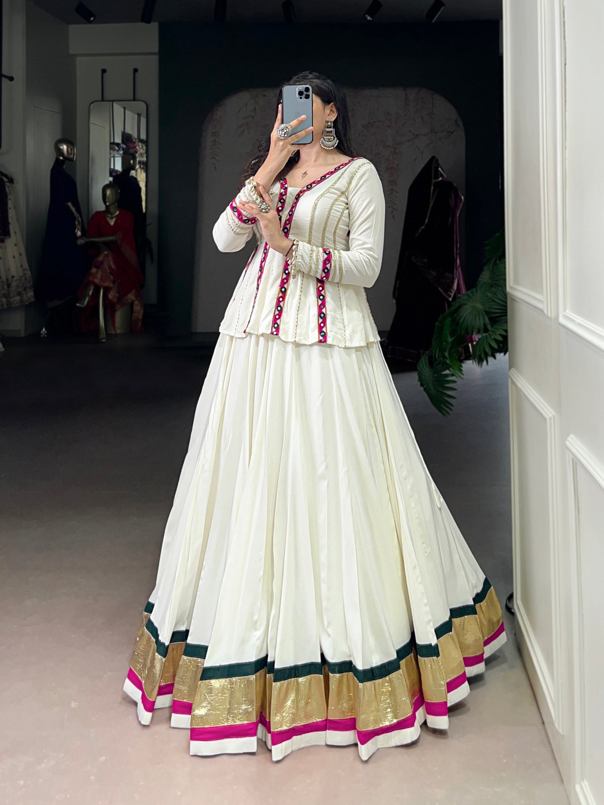 White Rayon Embossed Design Lehenga Choli with Lace Trim