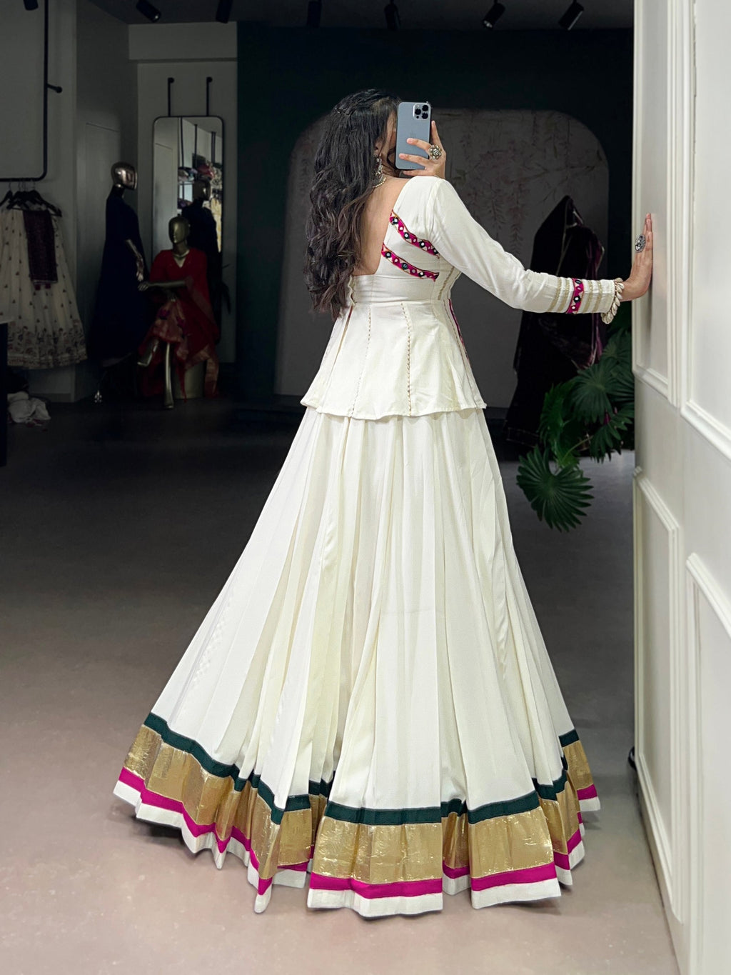 White Rayon Embossed Design Lehenga Choli with Lace Trim