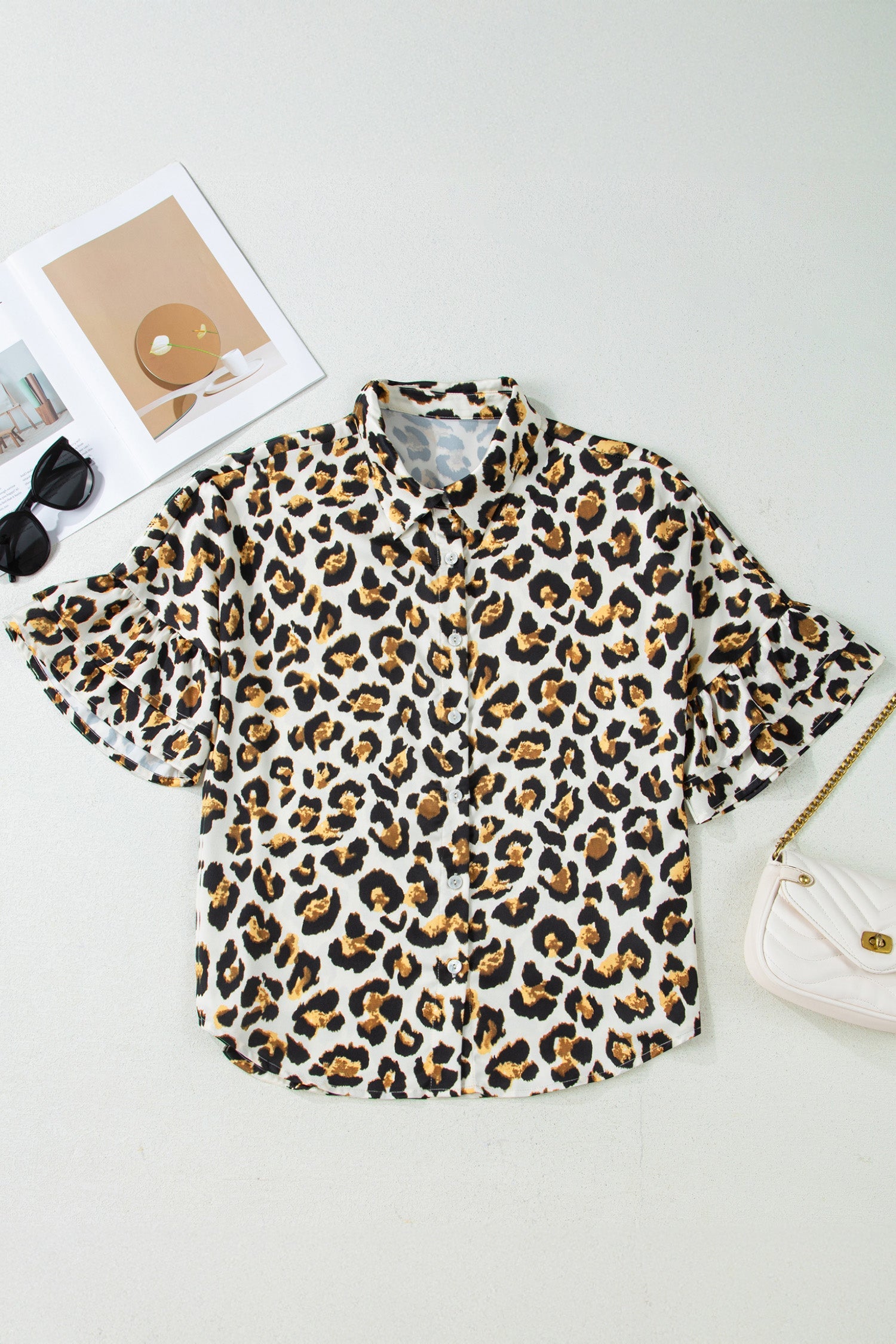 Leopard Ruffle Trim 3/4 Sleeve Loose Shirt