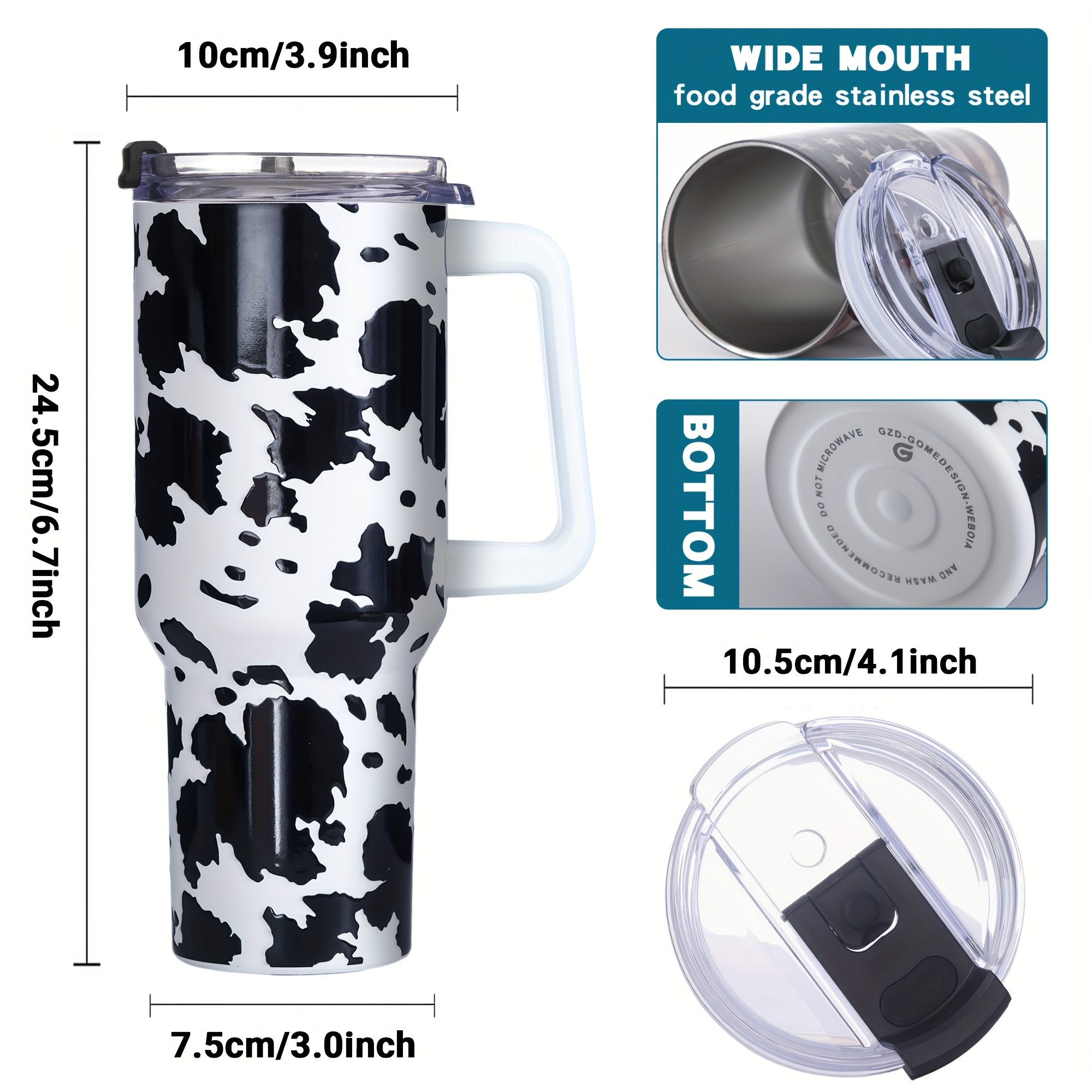 Gome Cow Print 40oz Tumbler Insulated with Handle  Straw