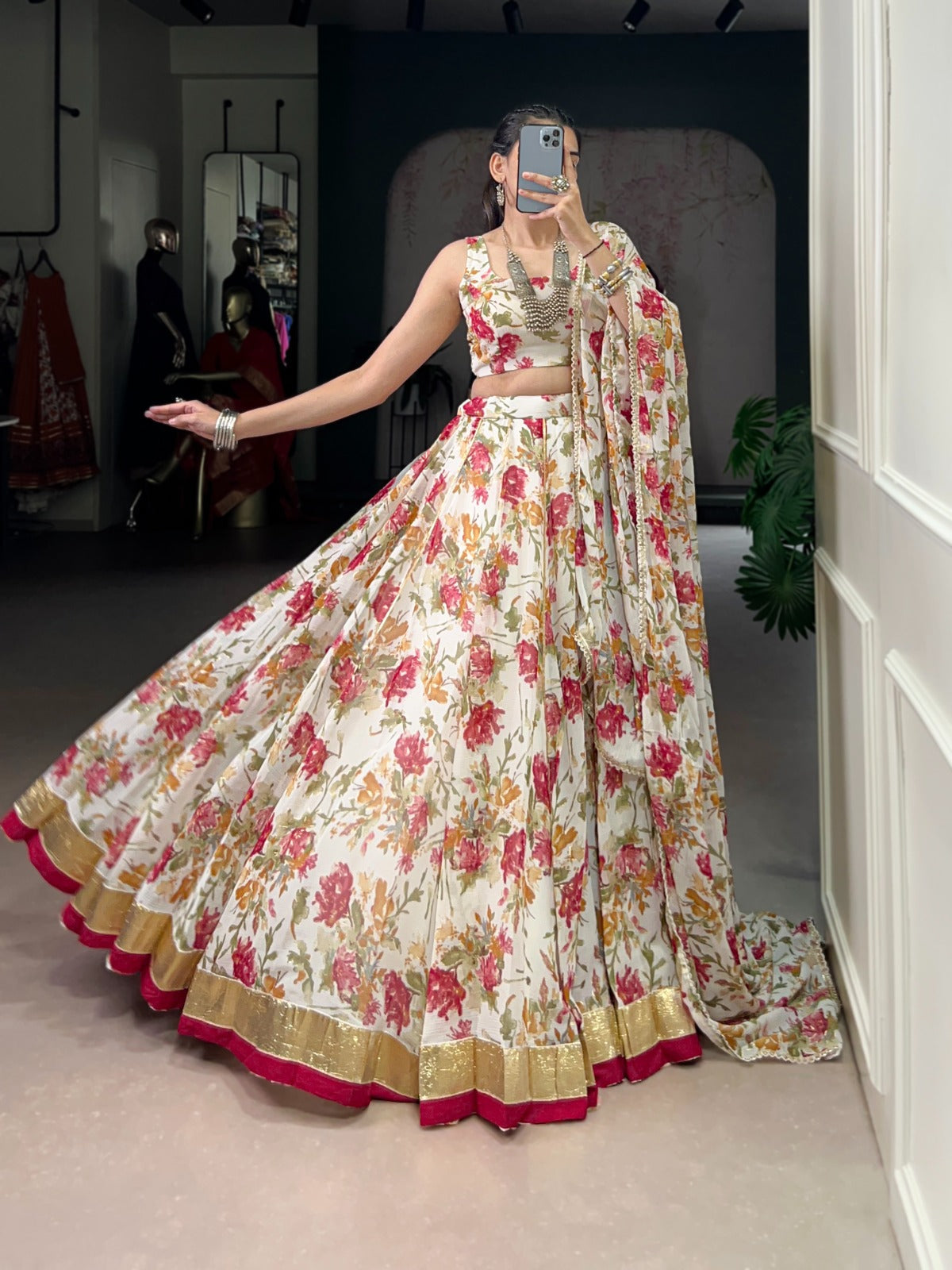 White chiffon floral print lehenga choli with foil print and Gotta Patti lace details