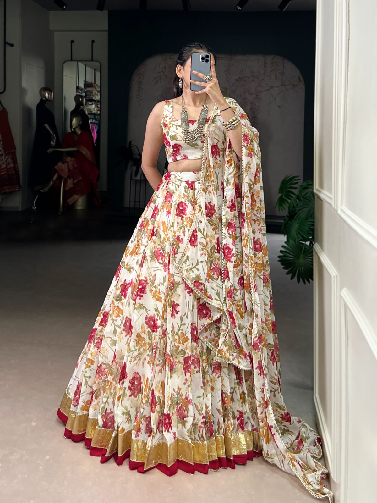 White Chiffon Floral Print Lehenga Choli with Foil & Lace