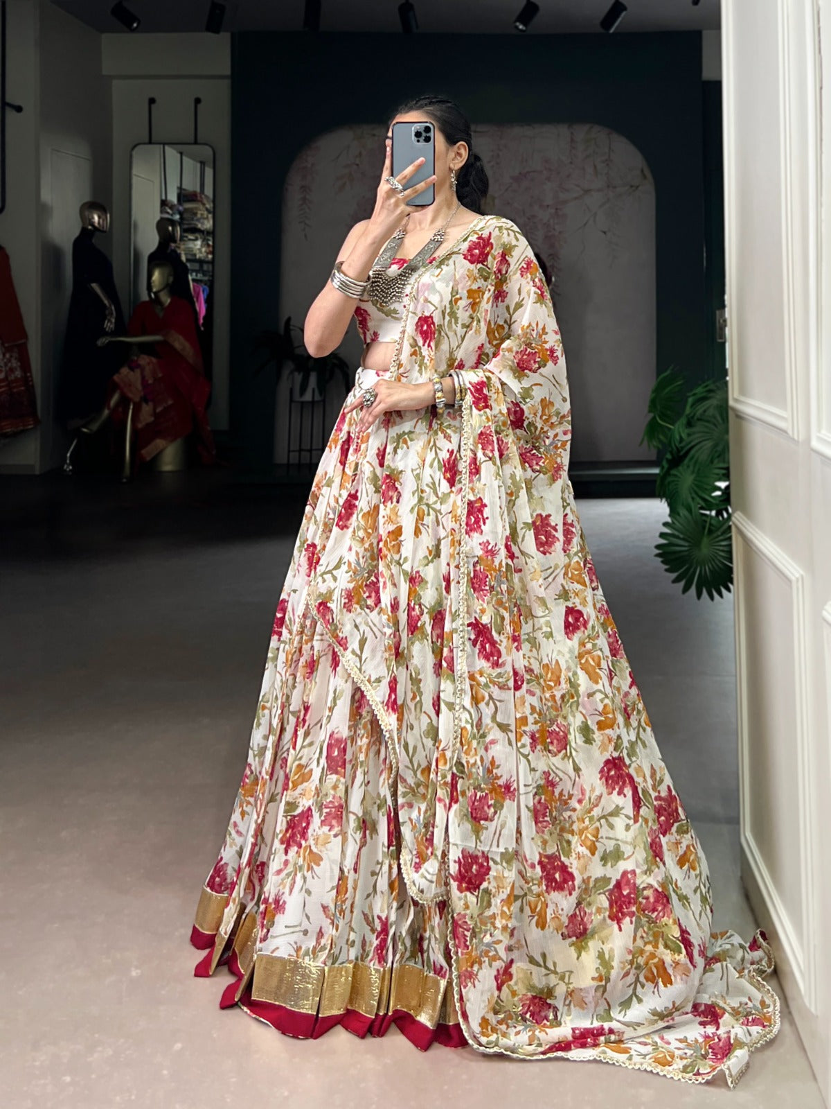 White Chiffon Floral Print Lehenga Choli with Foil & Lace