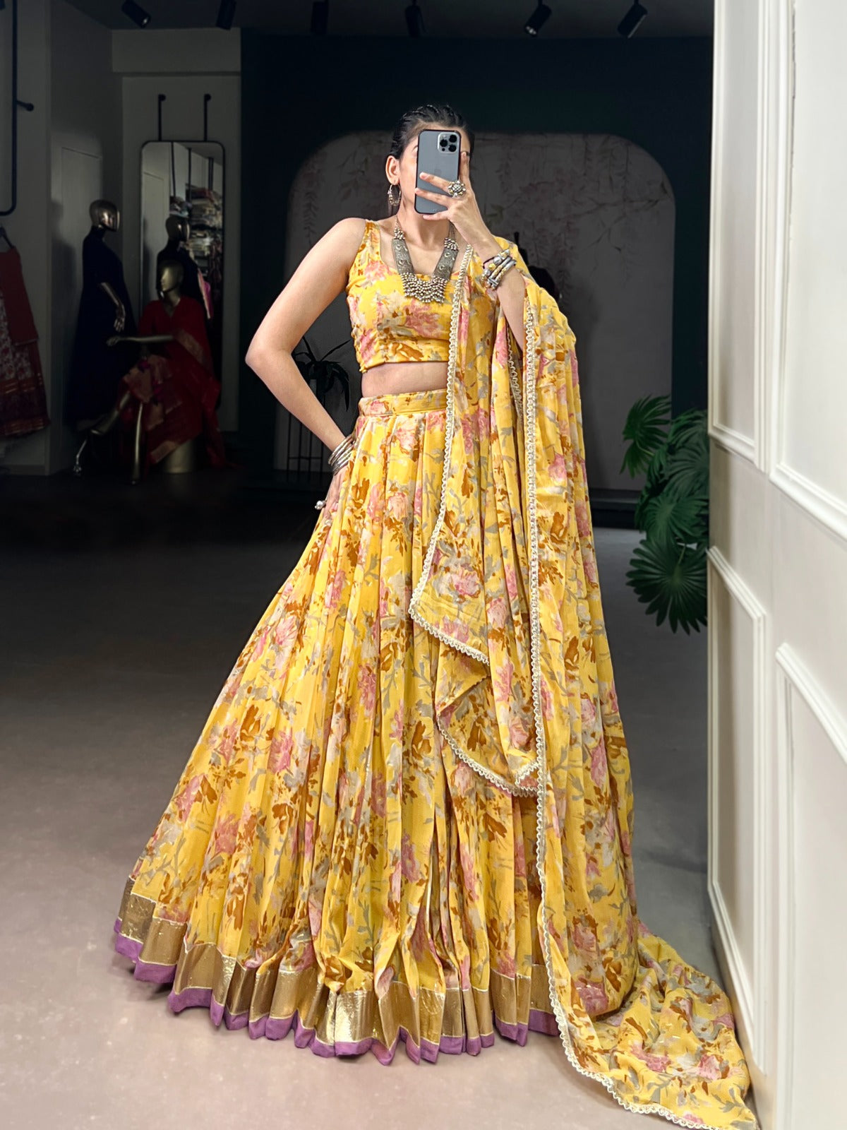 Yellow Chiffon Floral Lehenga Choli with Foil Print and Gotta Patti