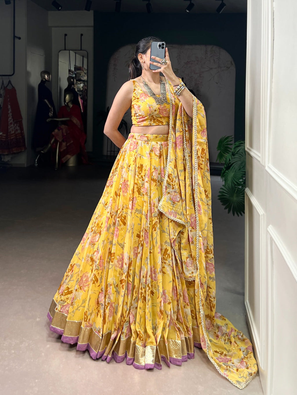 Yellow Chiffon Floral Lehenga Choli with Foil Print and Gotta Patti