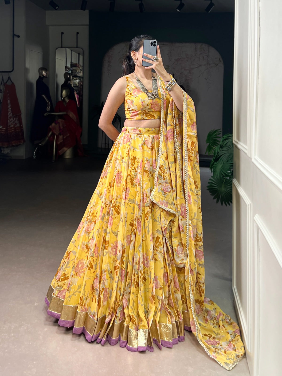 Yellow Chiffon Floral Lehenga Choli with Foil Print and Gotta Patti