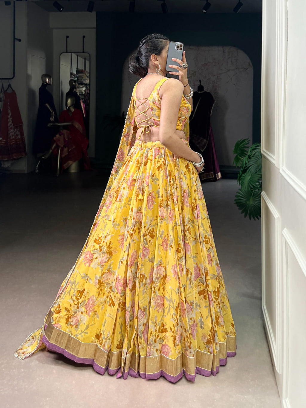 Yellow Chiffon Floral Lehenga Choli with Foil Print and Gotta Patti