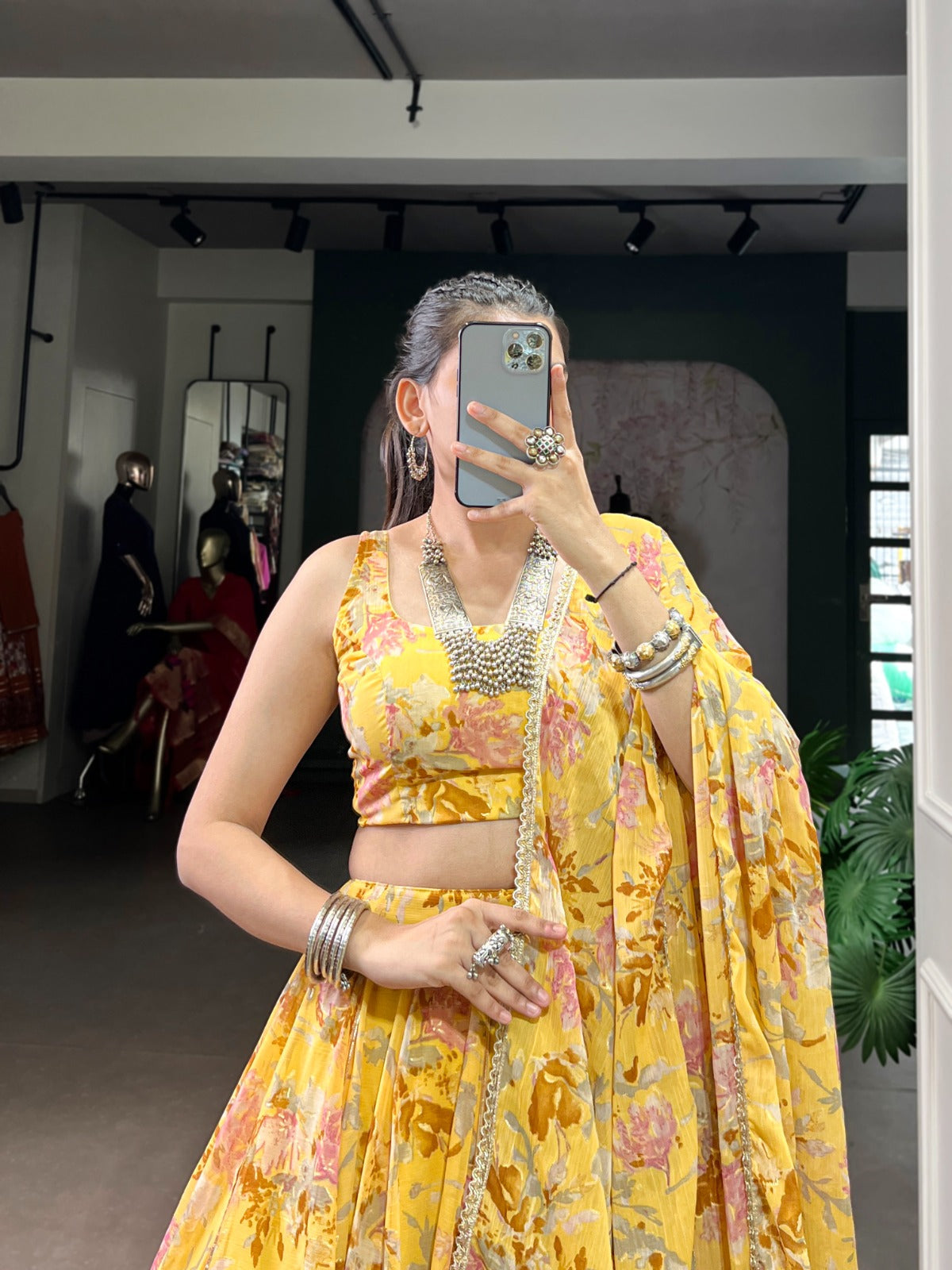 Yellow Chiffon Floral Lehenga Choli with Foil Print and Gotta Patti