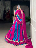 Pink Tasar silk lehenga choli with traditional Bandhej print and lace border