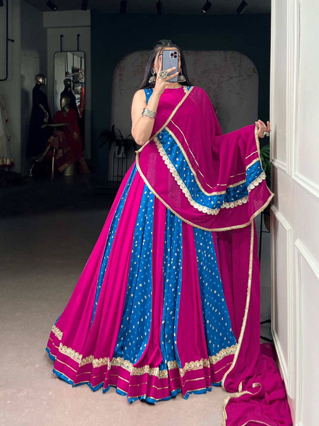 Pink Tasar Silk Bandhej Print Lehenga Choli with Lace Detail