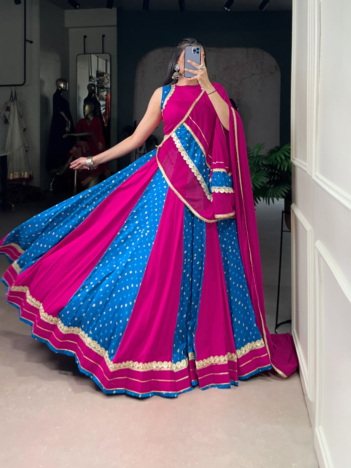 Pink Tasar Silk Bandhej Print Lehenga Choli with Lace Detail