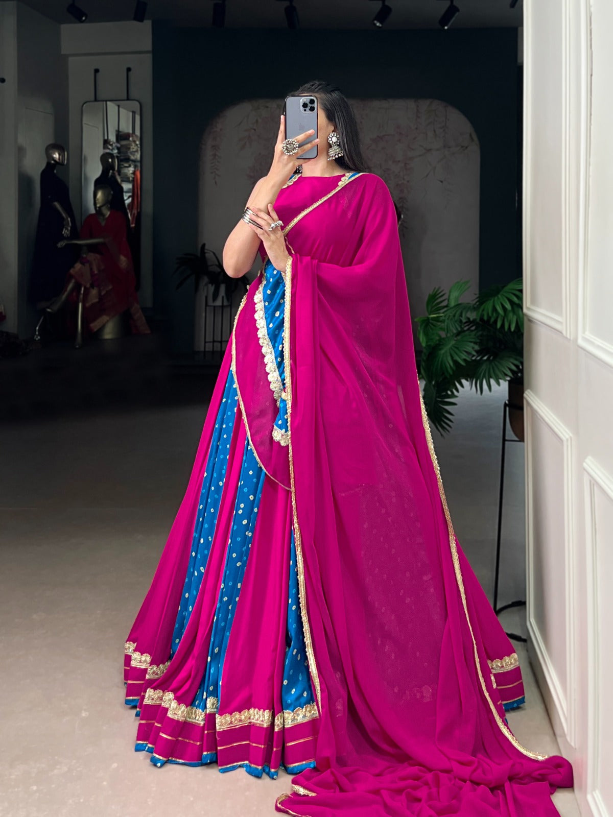 Pink Tasar Silk Bandhej Print Lehenga Choli with Lace Detail