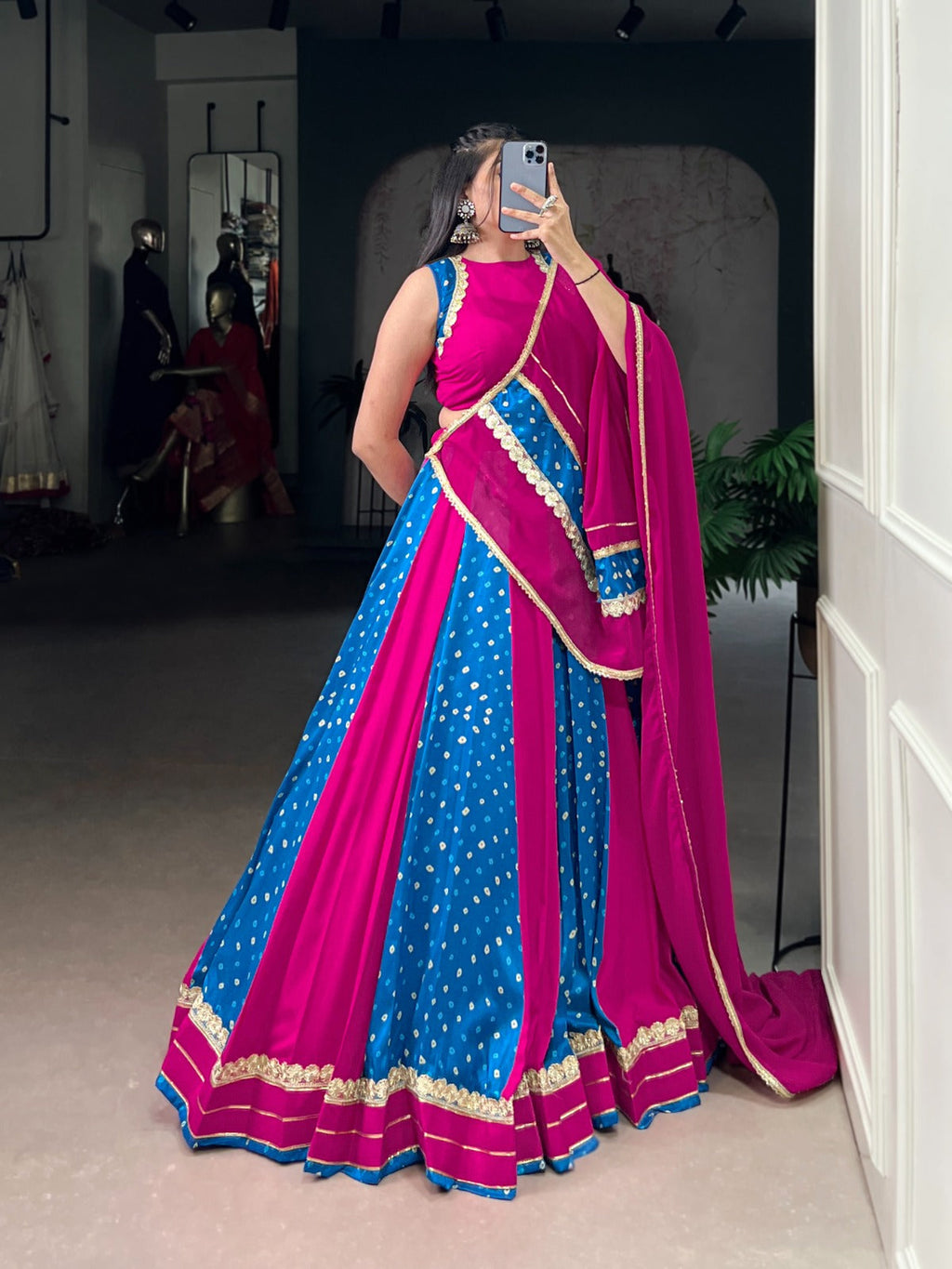 Pink Tasar Silk Bandhej Print Lehenga Choli with Lace Detail