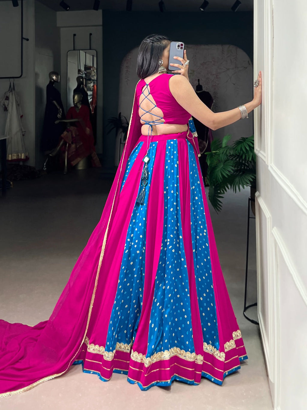 Pink Tasar Silk Bandhej Print Lehenga Choli with Lace Detail