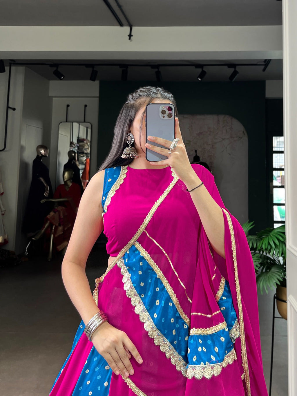 Pink Tasar Silk Bandhej Print Lehenga Choli with Lace Detail