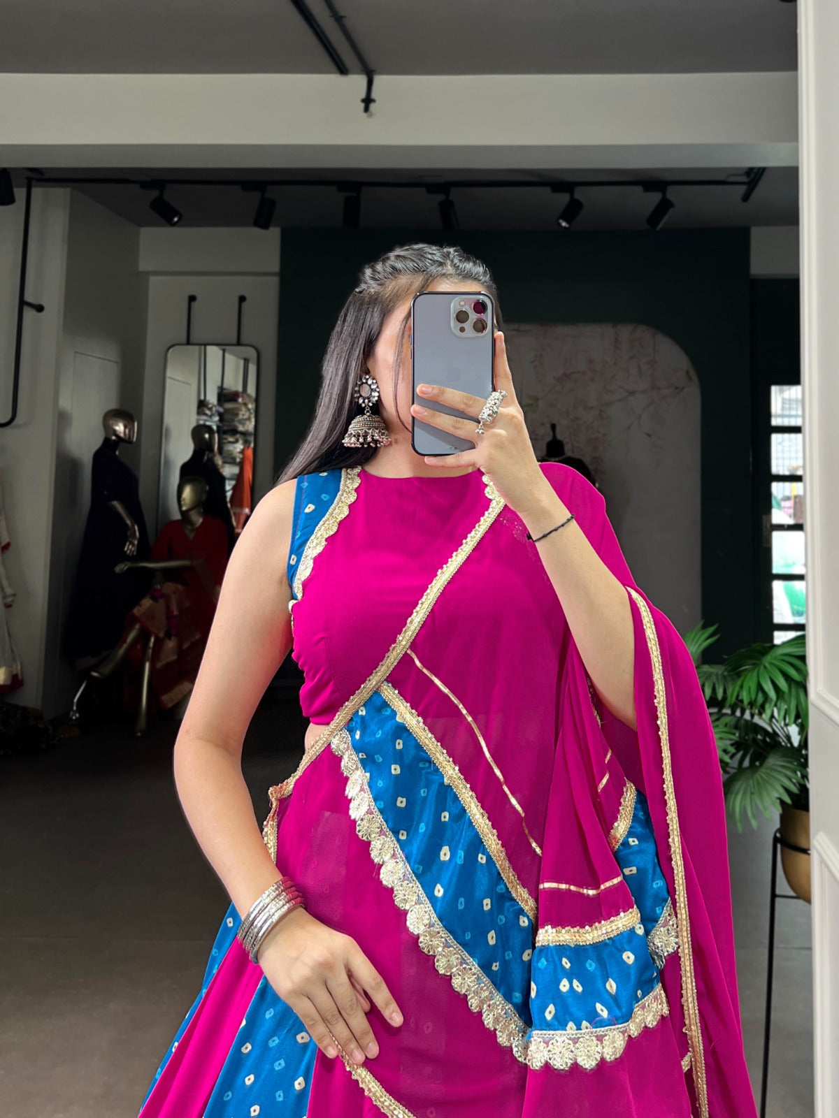 Pink Tasar Silk Bandhej Print Lehenga Choli with Lace Detail