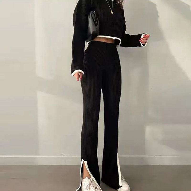 Women's Casual Ribbed Color-Block Two-Piece Crop Top & Pant Set - Image 4