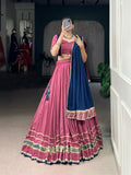 Peach pure rayon lehenga choli set featuring delicate lace touch-up work and matching dupatta