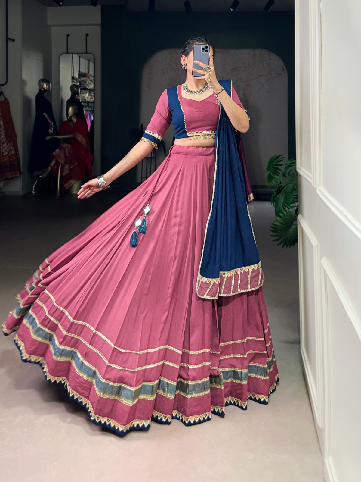 Peach Pure Rayon Lehenga Choli with Elegant Lace Trim