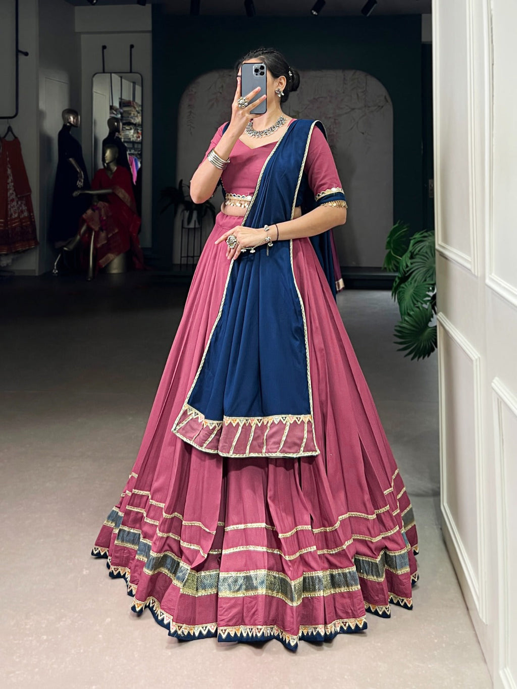 Peach Pure Rayon Lehenga Choli with Elegant Lace Trim
