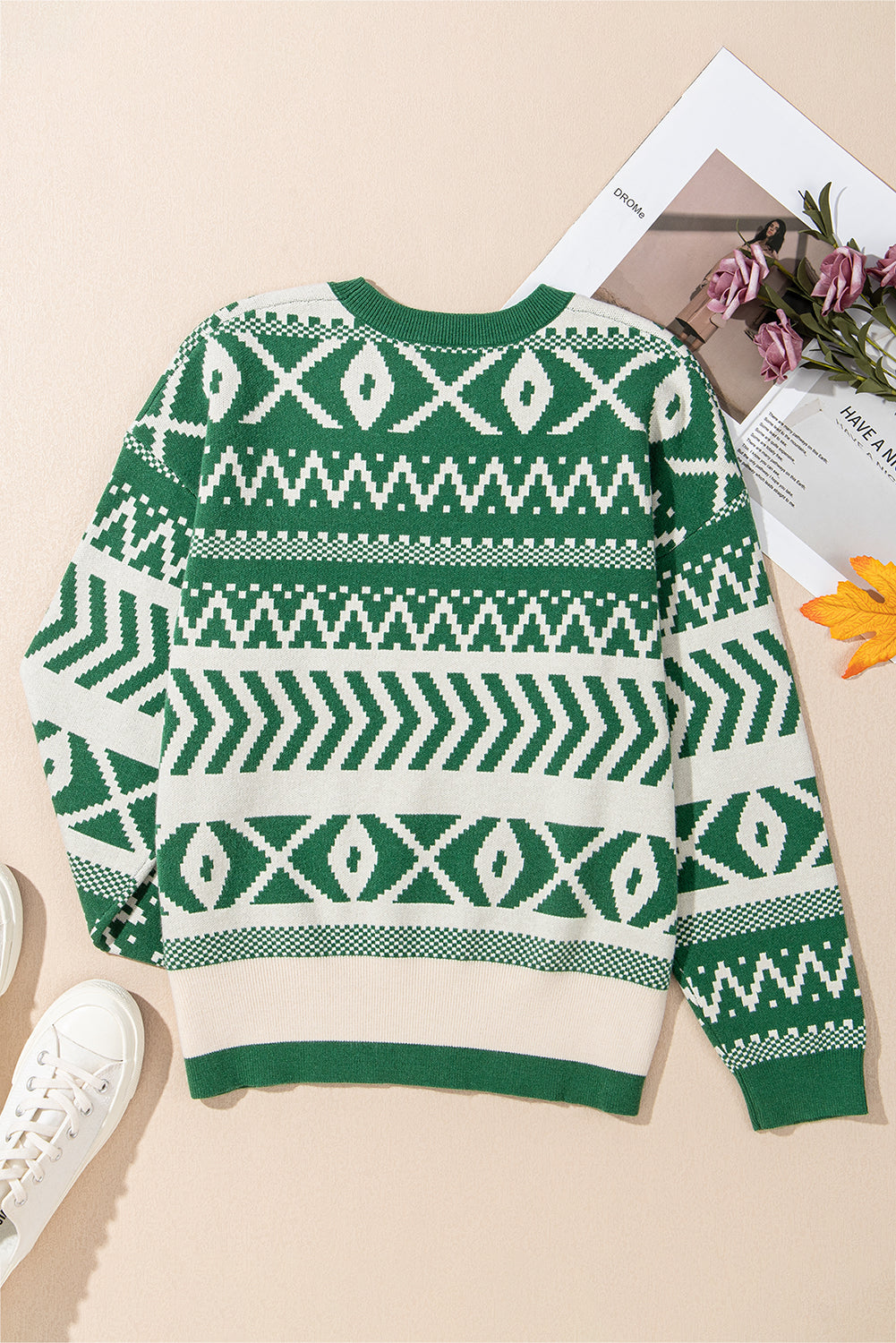 Dark Green Abstract Print Pullover Sweater | Crew Neck