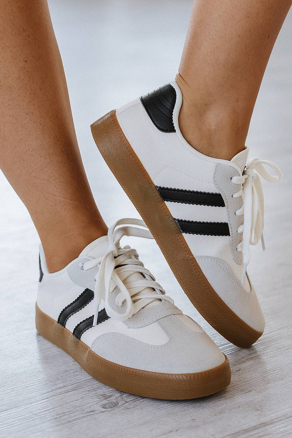 White Striped Lace Up Flat Sneakers Casual Retro Tennis Shoes - Image 9